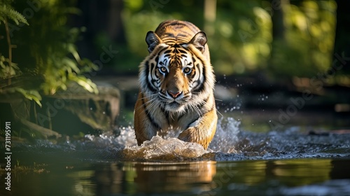 Amur tiger walking in the water. Dangerous animal, taiga, Russia. Animal in green forest stream. Grey stone, river droplet. Wild cat in nature habitat
