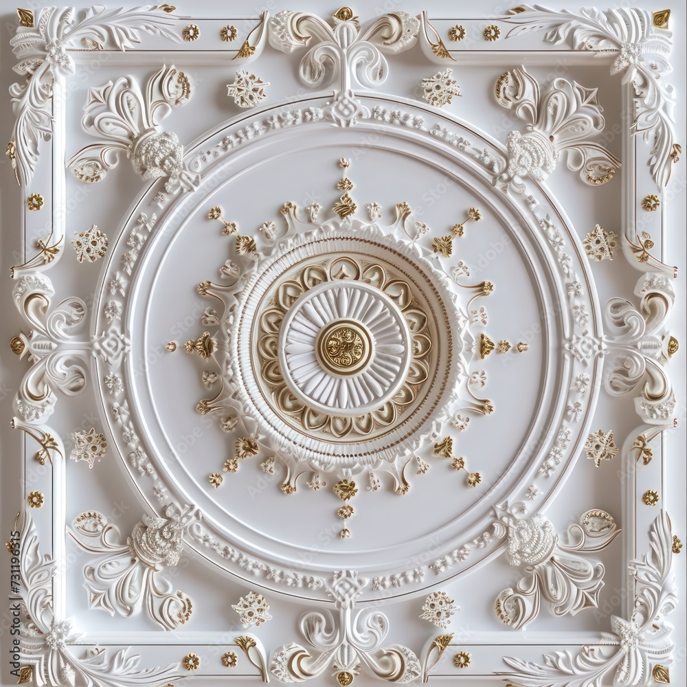 Obraz premium 3d wallpaper for ceiling with white golden decoration model. Victorian style and decorative frame background