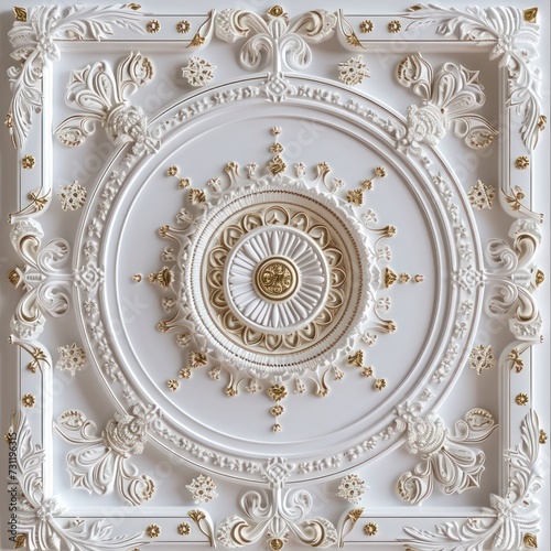 3d wallpaper for ceiling with white golden decoration model. Victorian style and decorative frame background