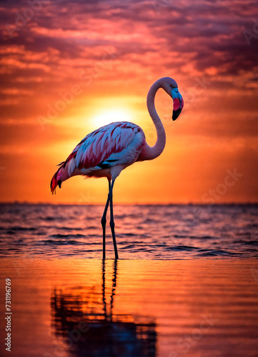 pink flamingo on the seashore. Selective focus.