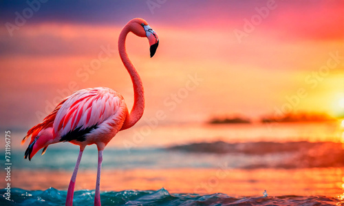 pink flamingo on the seashore. Selective focus.