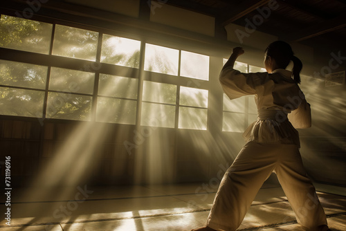 Asian Japanese karate kung fu combat or ninja girl wearing white gi, in dusty old training room, ray of light in dusty interior through window