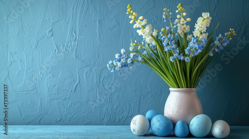 spring bouquet of lilies of the valley, forget-me-nots, hyacinths, muscari, daffodils, composition of Easter eggs, minimalism, studio, modern product photo, holiday, place for text, symbol, religious