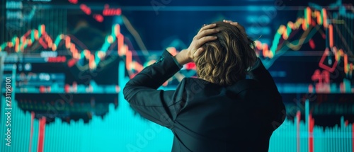 Back view of a stressed person in front of stock market charts showing a downturn, suitable for illustrating financial crises or trading concepts.