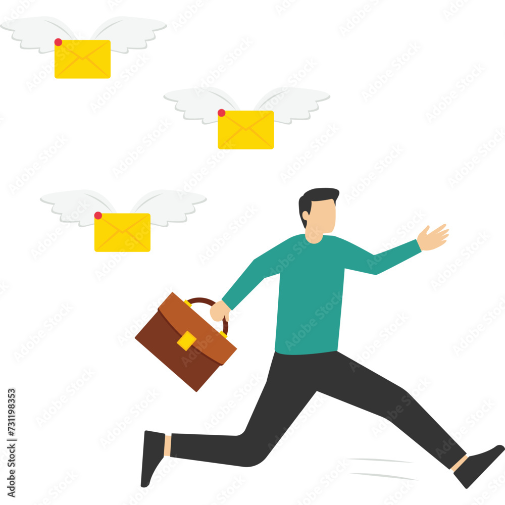Vector illustration of a scared businessman running away from a multitude of emails chasing him. Modern character design. entrepreneurs run away from a lot of emails