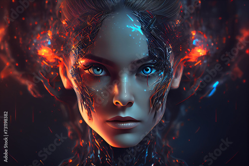 AI. Woman Cyborg head with artificial neural networks brain. Neon cyberpunk word. Female robot face with computer artificial intelligence. Electronic Technology banner in 80th cyberpunk