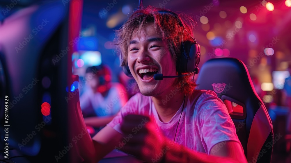 Esports gamer sitting at a computer desk in an esports arena Esports gamer sitting at a computer desk in an esports arena