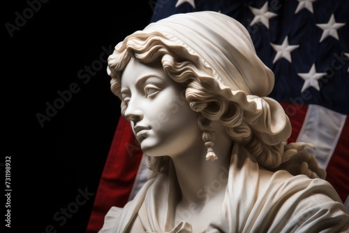Betsy Ross statue from profile with American flag in background.