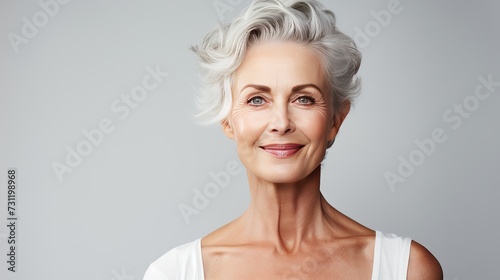 Beautiful gorgeous 50s mid aged mature woman looking at camera isolated on white. Mature old lady close up portrait. Healthy face skin care beauty, middle age skincare cosmetics,