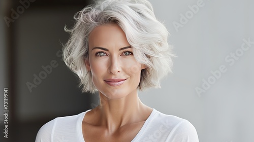 Beautiful gorgeous 50s mid aged mature woman looking at camera isolated on white. Mature old lady close up portrait. Healthy face skin care beauty, middle age skincare cosmetics,