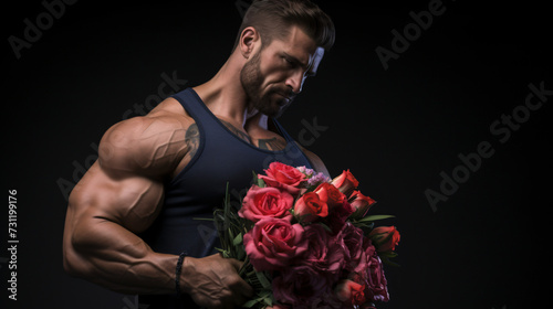 muscular bodybuilder man holding a big bouquet of flowers