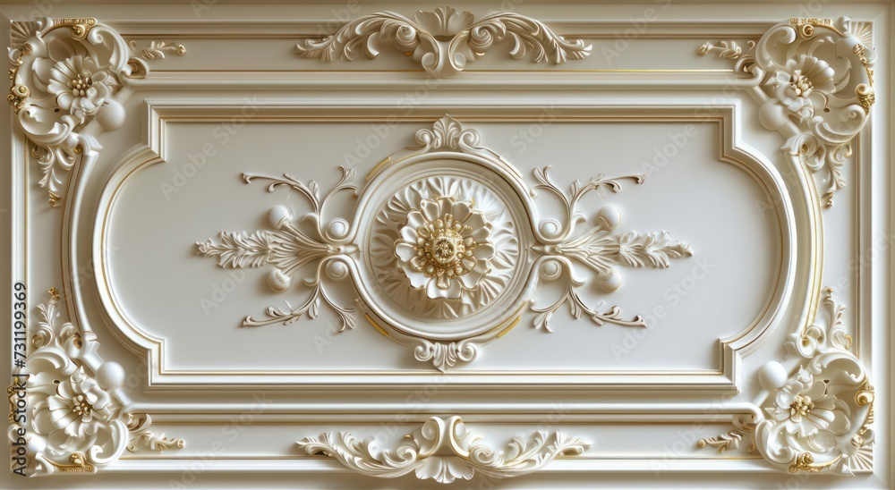 Victorian-style decorative frame background with white-golden 3D wallpaper for the ceiling, creating an elegant ambiance. - obrazy, fototapety, plakaty 