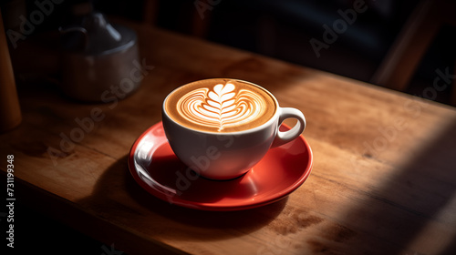 Cup of coffee with latte art with rosetta design