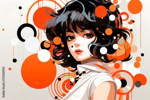 Anime cartoon character in the style of playful geometry. Illustration of a young girl with geometric circles and lines. Portrait of a young girl with elements of geometric abstractionism.