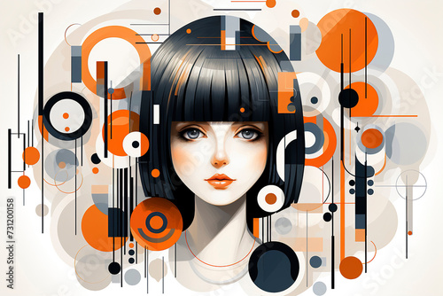Anime cartoon character in the style of playful geometry. Illustration of a young girl with geometric circles and lines. Portrait of a young girl with elements of geometric abstractionism.