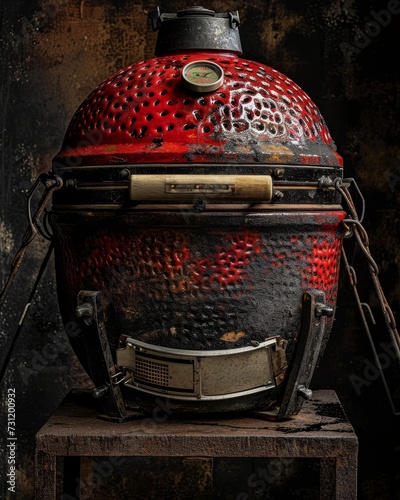 Intricate details of a traditional Japanese kamado grill, adorned with vibrant red accents.