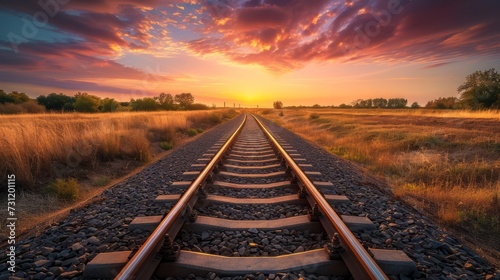 Railway tracks at sunset in the field. Railway to horizon. Railway track curving into the horizon during the golden hour. The warm, dramatic lighting and leading lines evoke a sense of journey.