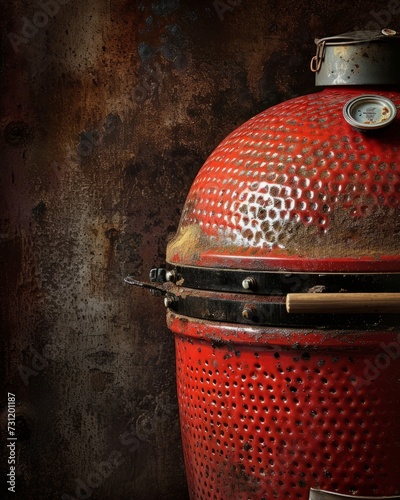 Intricate details of a traditional Japanese kamado grill, adorned with vibrant red accents. photo