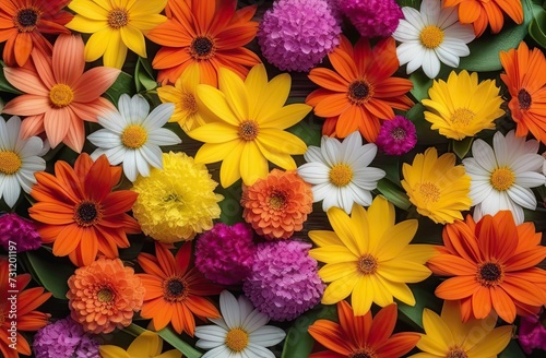 Top view photo of fresh colorful flowers. Colorful flowers decoration. Bright colors.