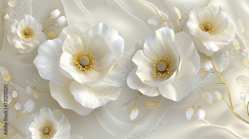 3d wallpaper with luxury beautiful white flowers, silk background for wall print