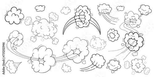Comic motion effect, clouds speed way, trail set fast wind swirl, puff poof elements isolated on white background. Blow explosion