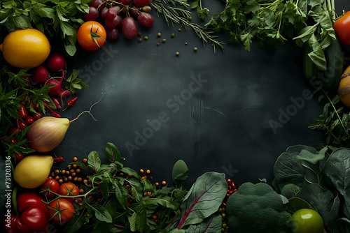 fresh fruits vegetables herbs and spices on dark tabl