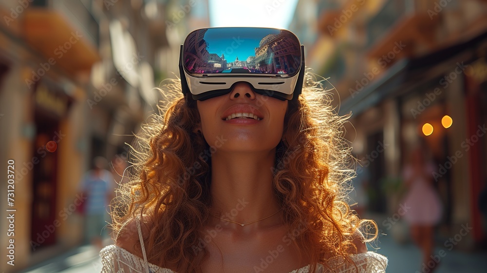 The concept of modern technology as an aid in daily life is vividly demonstrated by a young women wearing VR goggles and engaging in a virtual reality experience. Generative AI The concept of modern technology as an aid in daily life is vividly demonstrated by a young women wearing VR goggles and engaging in a virtual reality experience. Generative AI