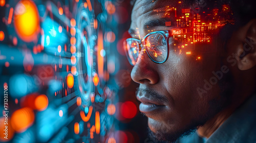 Close-up of a man with glasses reflecting advanced digital data visualization.
 photo
