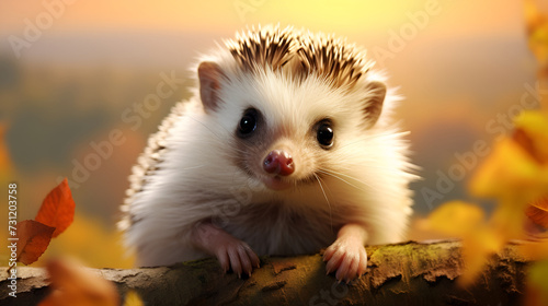 Small prickly hedgehog, eyes with black buttons, brown nose, on a light brown background photo