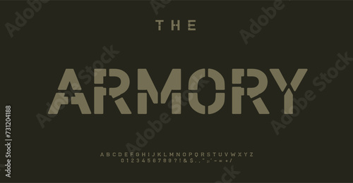 Military stencil alphabet, armory letter set, combat font for striking logo, impactful headline, tactical typography, bold typographic identity. Vector typeset. photo