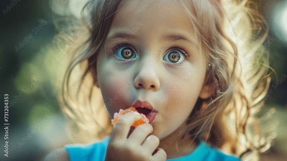 A young girl with a captivating expression as she discovers the taste of a tangy and sweet piece of candy A young girl with a captivating expression as she discovers the taste of a tangy and sweet piece of candy