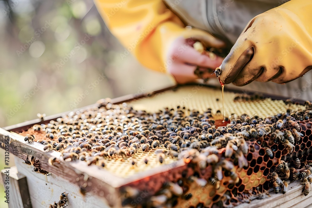 a beekeeper collecting honey on a honeycomb of bees