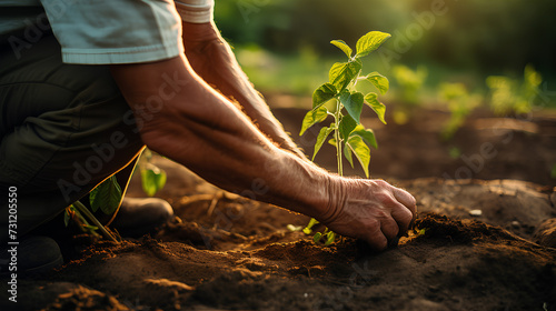 Farmer's hands planting tomato seedlings.