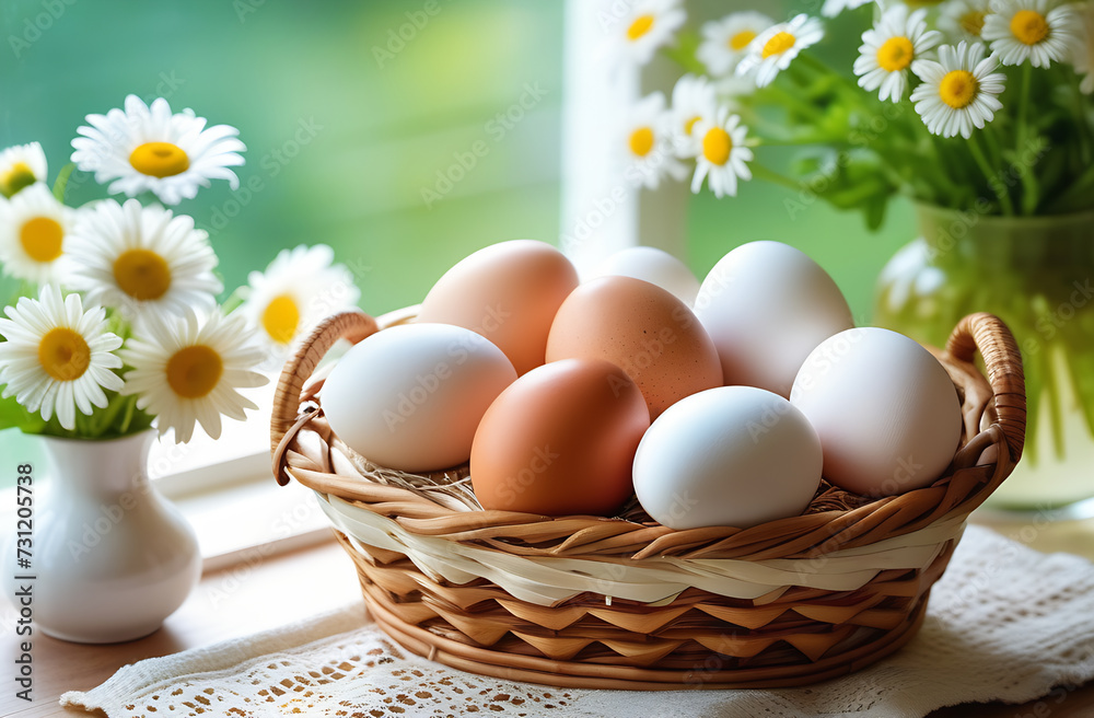 A chicken egg lies in a wicker basket by the window. Easter holiday concept. - obrazy, fototapety, plakaty 