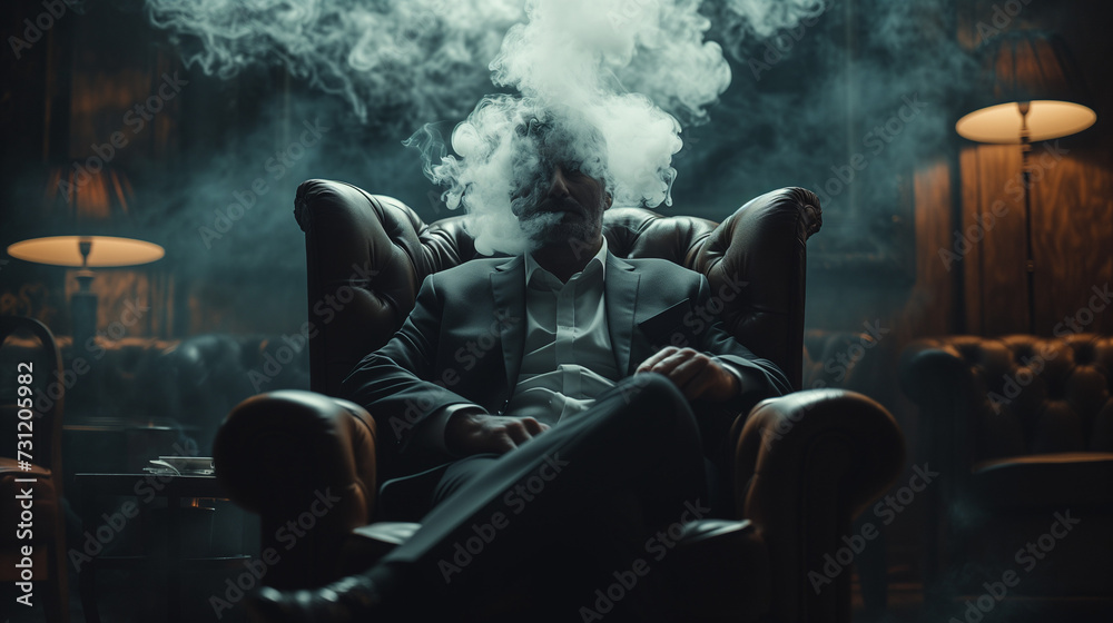 A man in a black suit sits in a leather chair in a dark sitting room, cigarette smoke forming a circle around his head as he blows out the smoke, Ai generated images