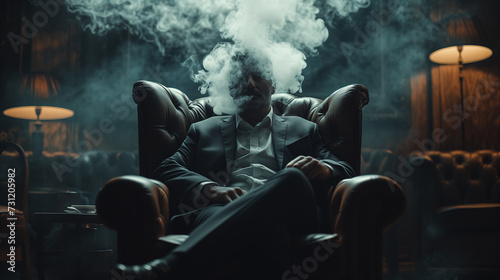 A man in a black suit sits in a leather chair in a dark sitting room, cigarette smoke forming a circle around his head as he blows out the smoke, Ai generated images photo