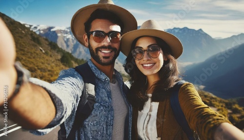  Eccentric, artsy couple captures a stylish selfie while embracing wanderlust on a road trip adventure