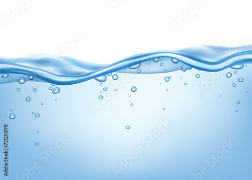Vector realistic water surface illustration with underwater view with air bubbles