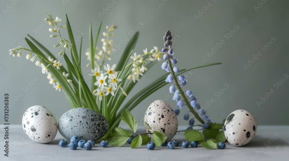 Obraz premium spring bouquet of lilies of the valley, forget-me-nots, hyacinths, muscari, daffodils, composition of Easter eggs, minimalism, studio, modern product photo, holiday, place for text, symbol, religious