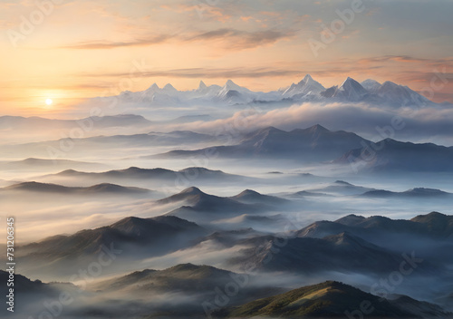 Misty layered mountains in sunrise