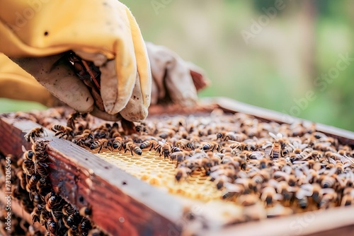 a beekeeper collecting honey on a honeycomb of bees