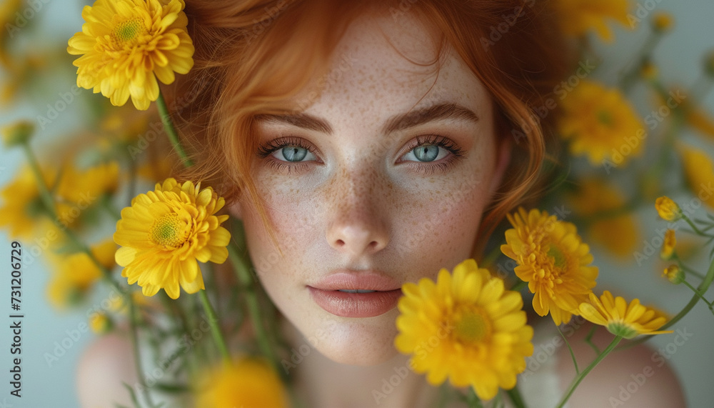 Woman with red hair and striking eyes amidst a bouquet of yellow blossoms. Woman with red hair and striking eyes amidst a bouquet of yellow blossoms.