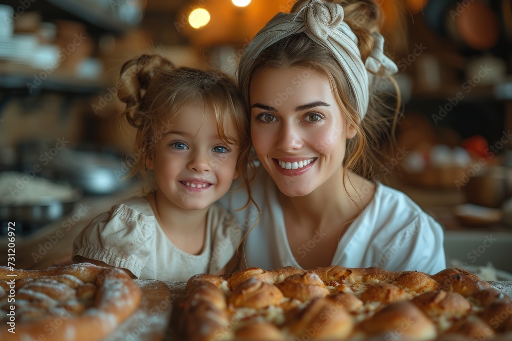 A cheerful woman and her young companion beam with delight while surrounded by delectable baked goods and fast food inside a cozy shop