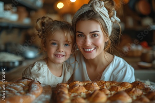 A cheerful woman and her young companion beam with delight while surrounded by delectable baked goods and fast food inside a cozy shop