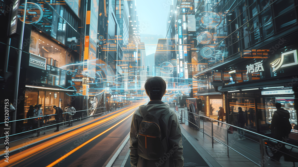 Man Standing in Futuristic Cityscape with Augmented Reality Features