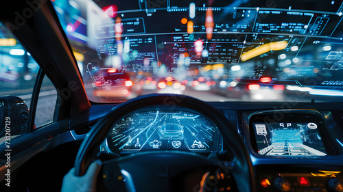 Nighttime Drive Through Busy City Streets with Futuristic HUD AR Display on Car Windshield