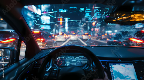 Nighttime Drive Through Busy City Streets with Futuristic HUD AR Display on Car Windshield