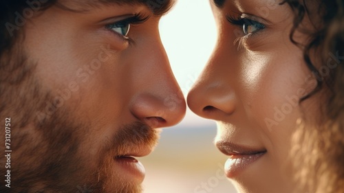 Close faces of man and woman looking at each other with deep intensity