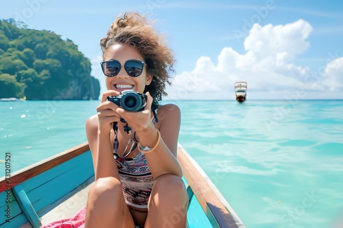woman traveling with Thai taxi boat and photographing