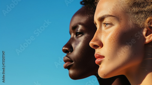 The image of two people, one black and one white, standing side by side with serious faces symbolizes tolerance and unity between differences, Ai Generated Images